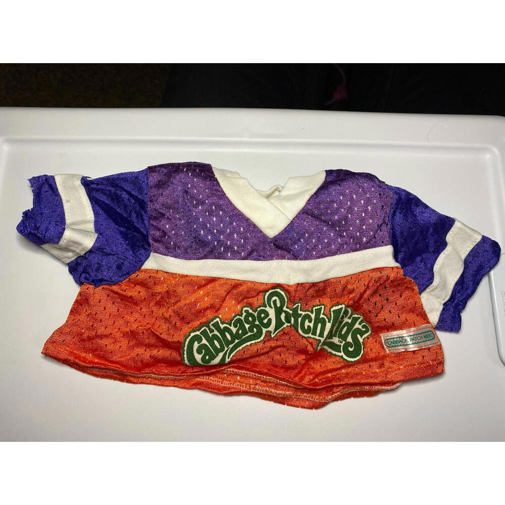 COLECO VINTAGE CABBAGE PATCH KIDS CPK DOLL FOOTBALL JERSEY ORANGE PURPLE 6"X13"
